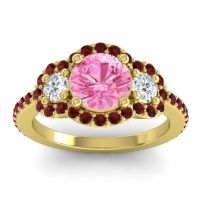 Pink Tourmaline Ring In 14k Yellow Gold With Lab Diamond And Garnet Sodarya Round Three-stone Ring