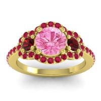 Pink Tourmaline Ring In 18k Yellow Gold With Garnet And Ruby Sodarya Round Three-stone Ring