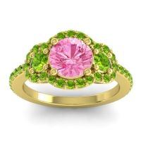 Pink Tourmaline Ring In 18k Yellow Gold With Peridot Sodarya Round Three-stone Ring