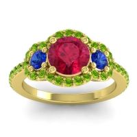 Lab Ruby Ring In 18k Yellow Gold With Blue Sapphire And Peridot Sodarya Round Three-stone Ring