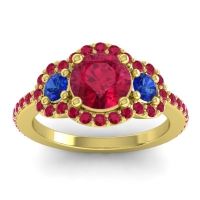 Ruby Ring In 14k Yellow Gold With Blue Sapphire Sodarya Round Three-stone Ring