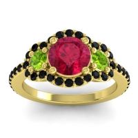 Lab Ruby Ring In 18k Yellow Gold With Peridot And Black Onyx Sodarya Round Three-stone Ring