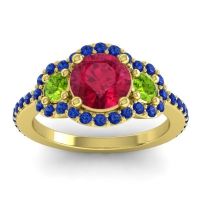 Lab Ruby Ring In 14k Yellow Gold With Peridot And Blue Sapphire Sodarya Round Three-stone Ring