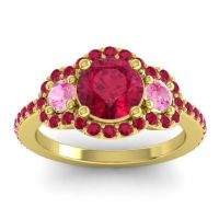 Lab Ruby Ring In 14k Yellow Gold With Pink Tourmaline And Ruby Sodarya Round Three-stone Ring