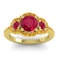 Lab Ruby Ring In 18k Yellow Gold With Ruby And Citrine Sodarya Round Three-stone Ring