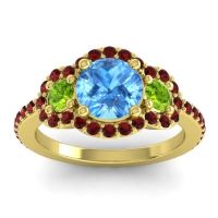 Swiss Blue Topaz Ring In 14k Yellow Gold With Peridot And Garnet Sodarya Round Three-stone Ring