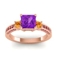 Amethyst Ring In 18K Rose Gold With Citrine And Ruby Stambha Princess Three-stone Ring