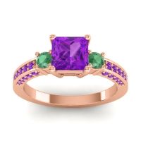 Amethyst Ring In 18K Rose Gold With Emerald Stambha Princess Three-stone Ring