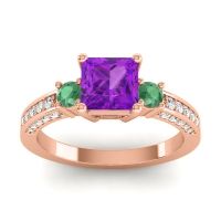 Amethyst Ring In 18K Rose Gold With Emerald And Lab Diamond Stambha Princess Three-stone Ring