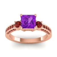 Amethyst Ring In 18K Rose Gold With Garnet Stambha Princess Three-stone Ring