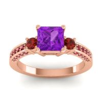 Amethyst Ring In 18K Rose Gold With Garnet And Ruby Stambha Princess Three-stone Ring