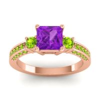 Amethyst Ring In 14K Rose Gold With Peridot Stambha Princess Three-stone Ring