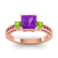 Amethyst Ring In 14K Rose Gold With Peridot And Ruby Stambha Princess Three-stone Ring