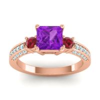 Amethyst Ring In 14K Rose Gold With Ruby And Aquamarine Stambha Princess Three-stone Ring