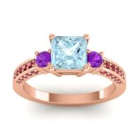 Aquamarine Ring In 18K Rose Gold With Amethyst And Ruby Stambha Princess Three-stone Ring