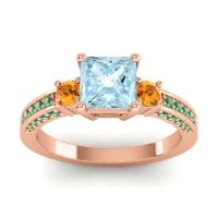 Aquamarine Ring In 18K Rose Gold With Citrine And Emerald Stambha Princess Three-stone Ring