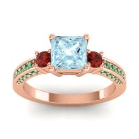 Aquamarine Ring In 18K Rose Gold With Garnet And Emerald Stambha Princess Three-stone Ring