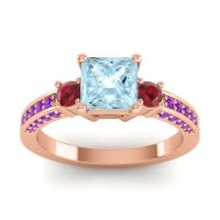 Aquamarine Ring In 14K Rose Gold With Ruby And Amethyst Stambha Princess Three-stone Ring