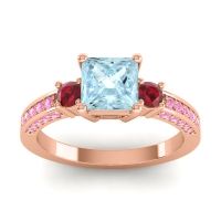 Aquamarine Ring In 18K Rose Gold With Ruby And Pink Tourmaline Stambha Princess Three-stone Ring