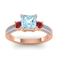 Aquamarine Ring In 18K Rose Gold With Ruby And Swiss Blue Topaz Stambha Princess Three-stone Ring