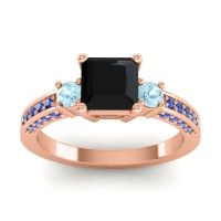 Black Onyx Ring In 14K Rose Gold With Aquamarine And Blue Sapphire Stambha Princess Three-stone Ring