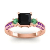 Black Onyx Ring In 18K Rose Gold With Emerald And Amethyst Stambha Princess Three-stone Ring