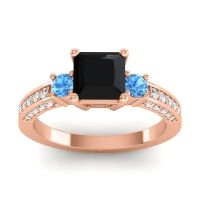 Black Onyx Ring In 18K Rose Gold With Swiss Blue Topaz And Lab Diamond Stambha Princess Three-stone Ring
