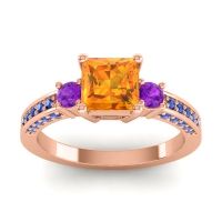 Citrine Ring In 18K Rose Gold With Amethyst And Blue Sapphire Stambha Princess Three-stone Ring