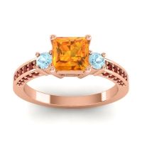 Citrine Ring In 14K Rose Gold With Aquamarine And Garnet Stambha Princess Three-stone Ring