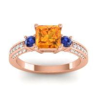 Citrine Engagement Ring In 14K Rose Gold With Blue Sapphire And Diamond - Stambha Princess Three-stone Ring