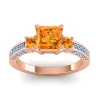 Citrine Ring In 18K Rose Gold With Swiss Blue Topaz Stambha Princess Three-stone Ring