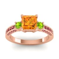 Citrine Ring In 14K Rose Gold With Peridot And Ruby Stambha Princess Three-stone Ring