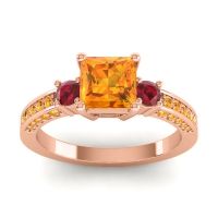 Citrine Ring In 18K Rose Gold With Ruby Stambha Princess Three-stone Ring
