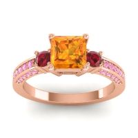 Citrine Ring In 18K Rose Gold With Ruby And Pink Tourmaline Stambha Princess Three-stone Ring
