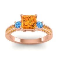 Citrine Ring In 14K Rose Gold With Swiss Blue Topaz Stambha Princess Three-stone Ring