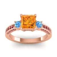 Citrine Ring In 14K Rose Gold With Swiss Blue Topaz And Ruby Stambha Princess Three-stone Ring