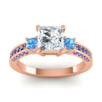 Lab Diamond Ring In 18K Rose Gold With Swiss Blue Topaz And Blue Sapphire Stambha Princess Three-stone Ring