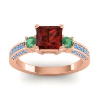 Garnet Ring In 18K Rose Gold With Emerald And Swiss Blue Topaz Stambha Princess Three-stone Ring