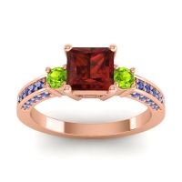 Garnet Ring In 14K Rose Gold With Peridot And Blue Sapphire Stambha Princess Three-stone Ring