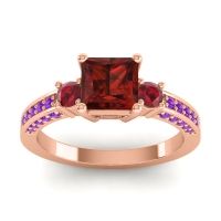 Garnet Ring In 18K Rose Gold With Ruby And Amethyst Stambha Princess Three-stone Ring