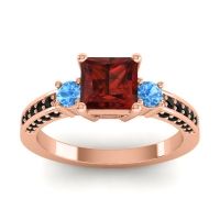 Garnet Ring In 18K Rose Gold With Swiss Blue Topaz And Black Onyx Stambha Princess Three-stone Ring