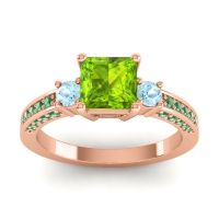 Peridot Ring In 18K Rose Gold With Aquamarine And Emerald Stambha Princess Three-stone Ring