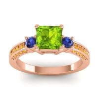 Peridot Ring In 14K Rose Gold With Blue Sapphire And Citrine Stambha Princess Three-stone Ring