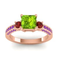 Peridot Ring In 18K Rose Gold With Garnet And Amethyst Stambha Princess Three-stone Ring