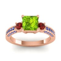 Peridot Ring In 14K Rose Gold With Garnet And Blue Sapphire Stambha Princess Three-stone Ring