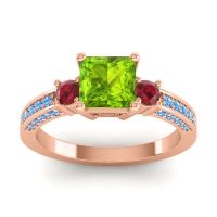 Peridot Ring In 18K Rose Gold With Ruby And Swiss Blue Topaz Stambha Princess Three-stone Ring
