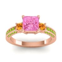 Pink Tourmaline Ring In 18K Rose Gold With Citrine And Peridot Stambha Princess Three-stone Ring