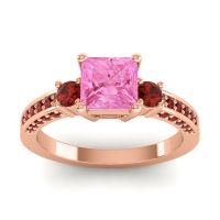 Pink Tourmaline Ring In 14K Rose Gold With Garnet Stambha Princess Three-stone Ring