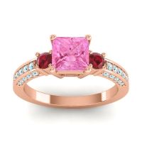 Pink Tourmaline Ring In 14K Rose Gold With Ruby And Aquamarine Stambha Princess Three-stone Ring