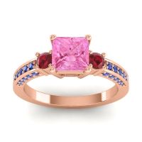 Pink Tourmaline Ring In 14K Rose Gold With Ruby And Blue Sapphire Stambha Princess Three-stone Ring